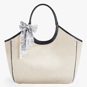 *New* Large Beach Bag Straw Tote Raffia Woven Shoulder Bag - Black and Beige